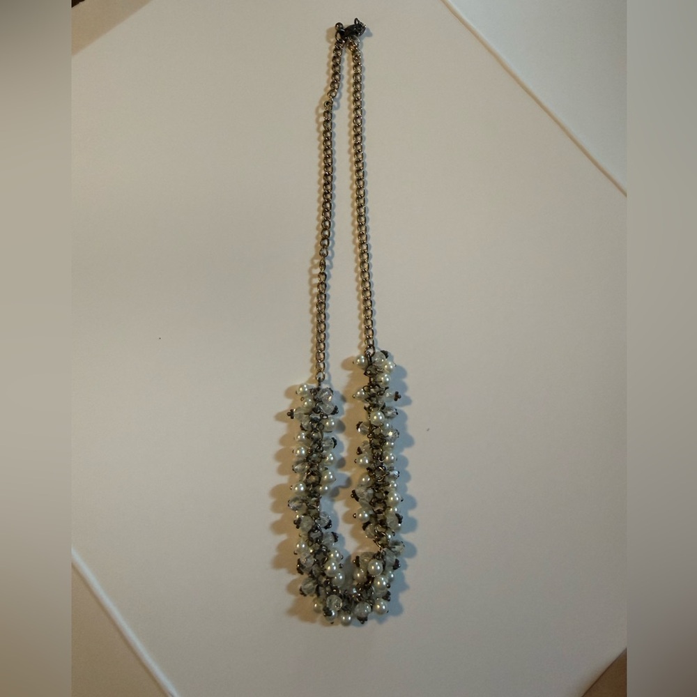 Vintage Faux Pearl & Iridescent Beaded Gold Tone Necklace,Lobster Claw Clasp 10"